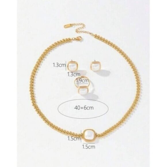 3pcs/Set Stainless Steel Square Pendant Set With Faux Pearl  Earrings And Ring - Picture 3 of 3